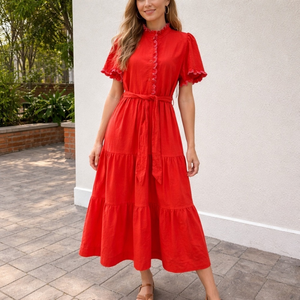 NWT! UMGEE Orange 100% cotton Tiered Maxi Dress M ruffle button belted short sl. - Picture 13 of 14